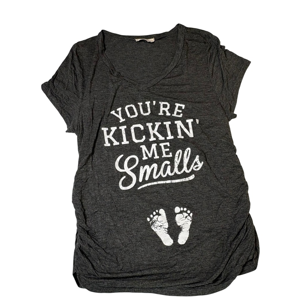 French Pastry Maternity Shirt Small You're Kickin Me Smalls Grey Ruched
